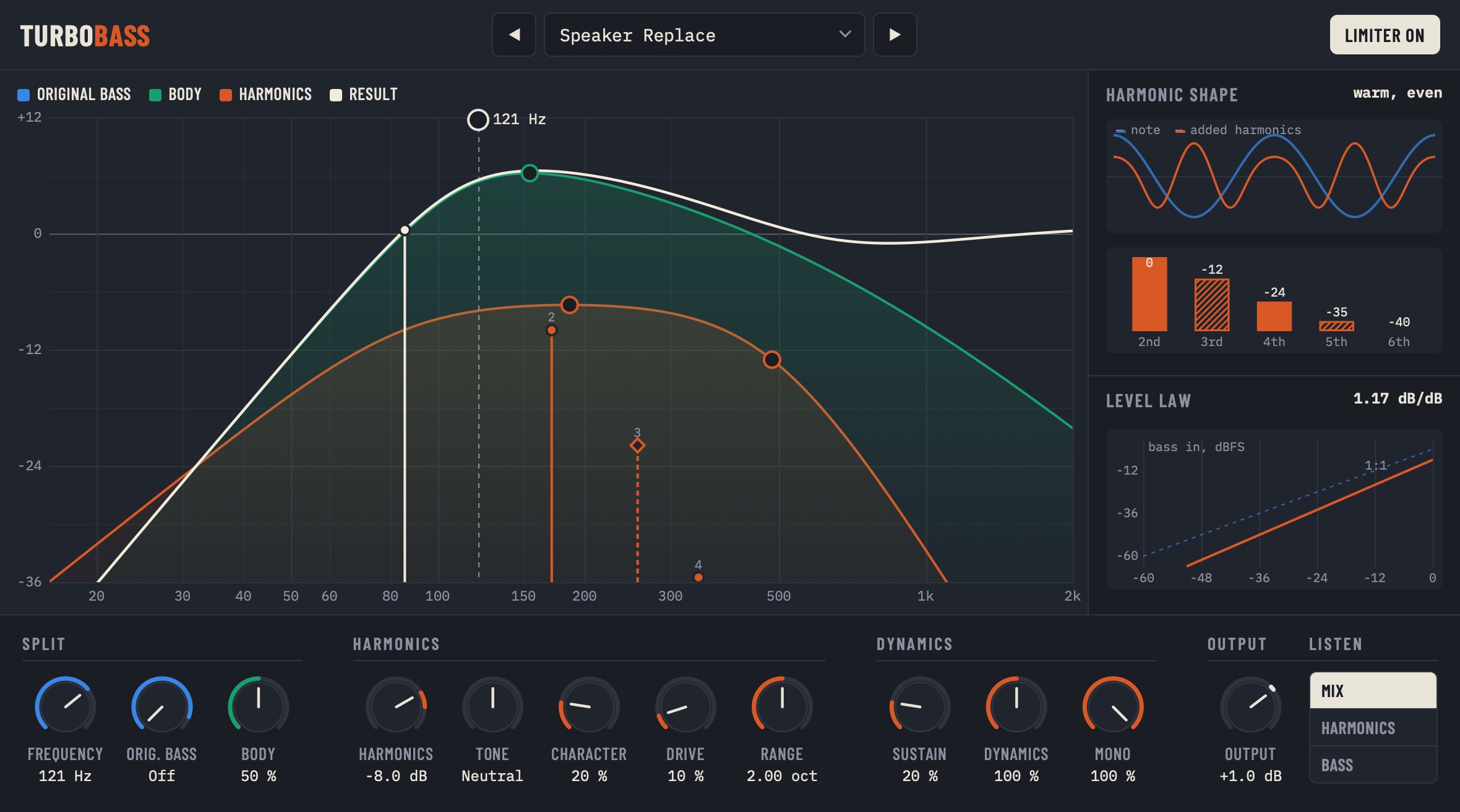 TurboBass bass enhancer plug-in window: response graph, harmonic shape, level law and controls